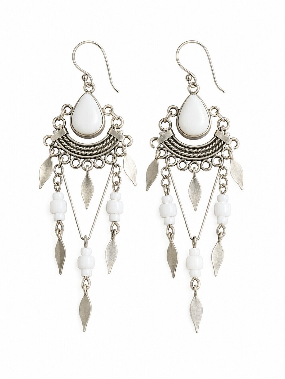 Vintage Peruvian Silver White Milk Glass Beaded Chandalier Dangle Hook Earrings